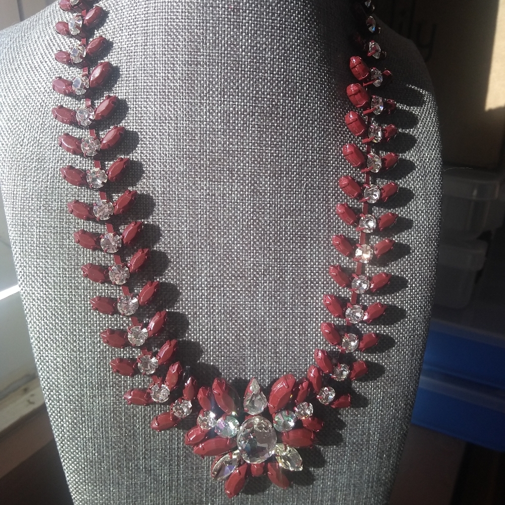 Statement necklace in merlot and crystals.